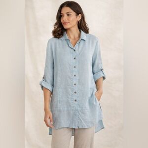 💙 Soft Surroundings 100% Linen Button-Up Blouse | Light Blue | Size Large 💙